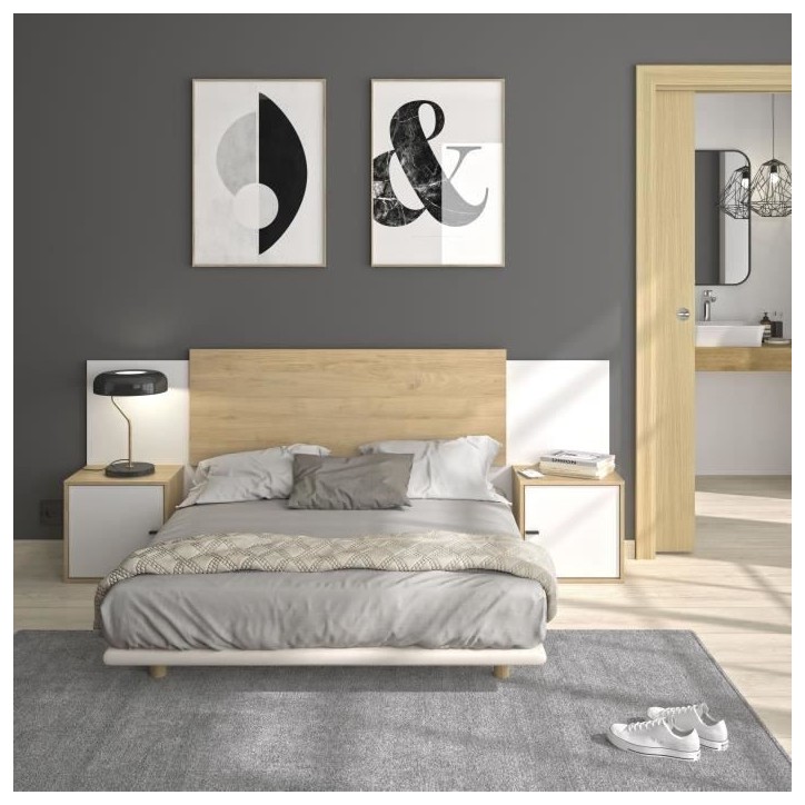 Tete de lit - ALIX - Extensible - Châtaignier naturel / Blanc - 246/226/206 x 34 x 91 cm - DIAGONE