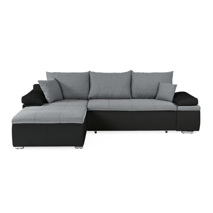 Canapé d'angle réversible convertible 3 places+Coffre - Simili noir et tissu gris - L 274 x P 184 cm - CELINA - Fabriqué en U Canapé d'angle réversible convertible 3 places+Coffre - Simili noir et tissu gris - L 274 x P 184 cm - CELINA - Fabriqué en U