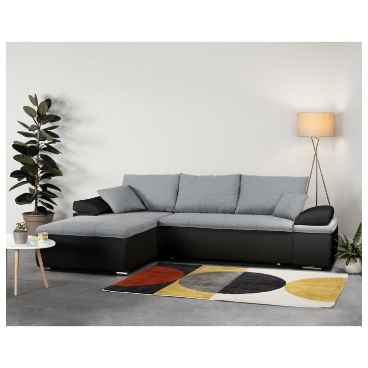 Canapé d'angle réversible convertible 3 places+Coffre - Simili noir et tissu gris - L 274 x P 184 cm - CELINA - Fabriqué en U Canapé d'angle réversible convertible 3 places+Coffre - Simili noir et tissu gris - L 274 x P 184 cm - CELINA - Fabriqué en U