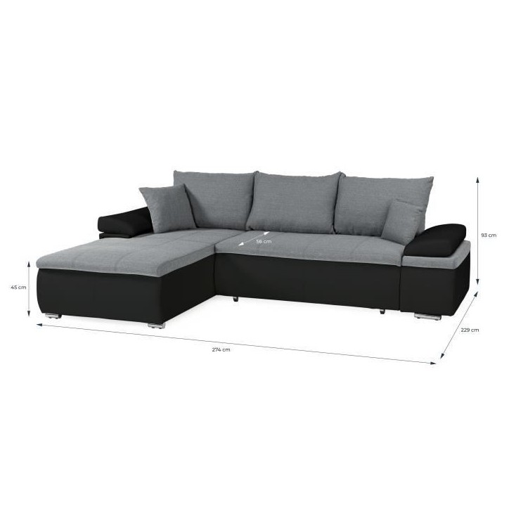 Canapé d'angle réversible convertible 3 places+Coffre - Simili noir et tissu gris - L 274 x P 184 cm - CELINA - Fabriqué en U Canapé d'angle réversible convertible 3 places+Coffre - Simili noir et tissu gris - L 274 x P 184 cm - CELINA - Fabriqué en U