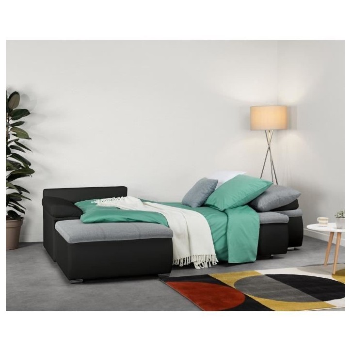 Canapé d'angle réversible convertible 3 places+Coffre - Simili noir et tissu gris - L 274 x P 184 cm - CELINA - Fabriqué en U Canapé d'angle réversible convertible 3 places+Coffre - Simili noir et tissu gris - L 274 x P 184 cm - CELINA - Fabriqué en U