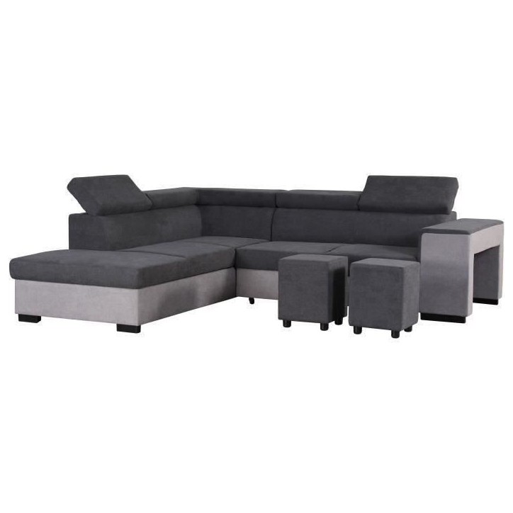 Canapé d'angle gauche convertible + coffre 5 places - Tissu gris - L 271 x P 220 x H 77 cm - ARMSTRONG - Fabriqué en Ukraine