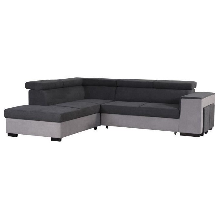 Canapé d'angle gauche convertible + coffre 5 places - Tissu gris - L 271 x P 220 x H 77 cm - ARMSTRONG - Fabriqué en Ukraine