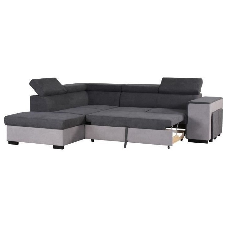 Canapé d'angle gauche convertible + coffre 5 places - Tissu gris - L 271 x P 220 x H 77 cm - ARMSTRONG - Fabriqué en Ukraine