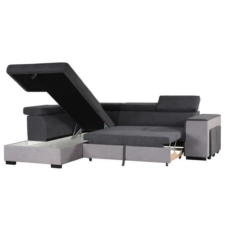 Canapé d'angle gauche convertible + coffre 5 places - Tissu gris - L 271 x P 220 x H 77 cm - ARMSTRONG - Fabriqué en Ukraine