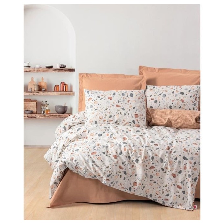 Parure de lit - 1 housse de couette 220 x 240 cm + 2 taies d'oreiller 60 x 60 cm - 100% coton renforcé - Caramel