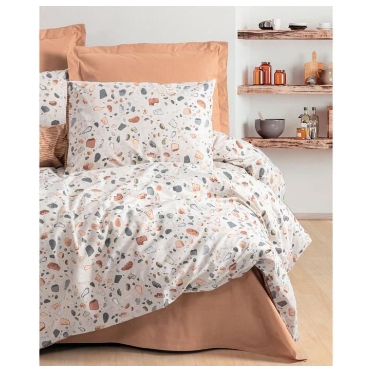 Parure de lit - 1 housse de couette 220 x 240 cm + 2 taies d'oreiller 60 x 60 cm - 100% coton renforcé - Caramel