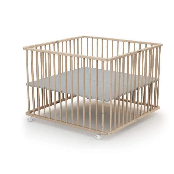 Parc pliant carré - WEBABY - CALI - 100 x 100 cm - 4 roulettes - Jusqu'a 24 mois - Hetre brut