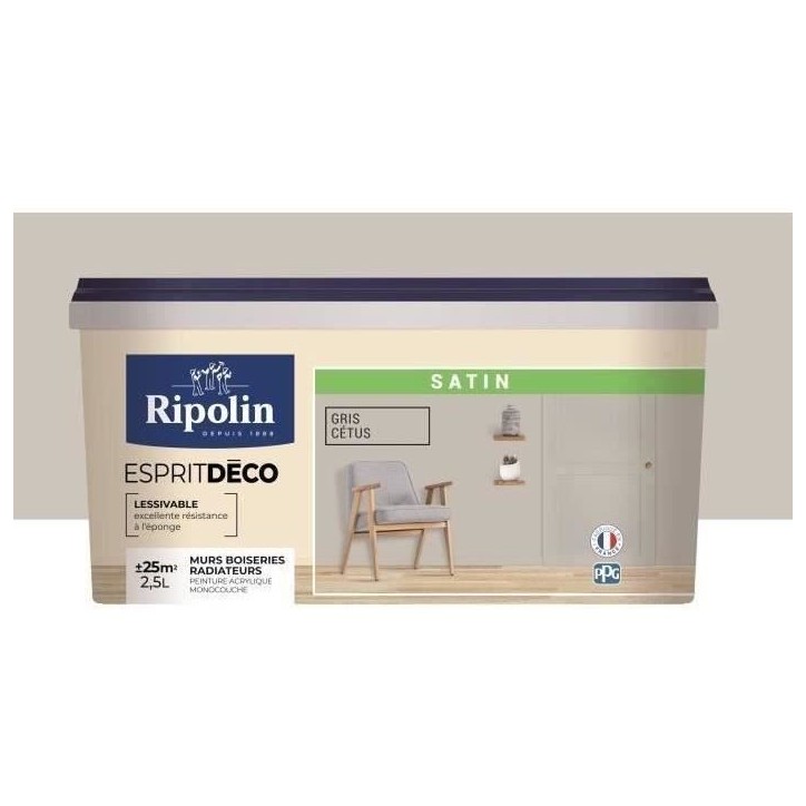 RIPOLIN Peinture Couleur Satin Ultra Couvrante pour Cuisine, Chambre, Salon, Salle, Entrée, Couloir - Gris cetus RIPOLIN Peinture Couleur Satin Ultra Couvrante pour Cuisine, Chambre, Salon, Salle, Entrée, Couloir - Gris cetus