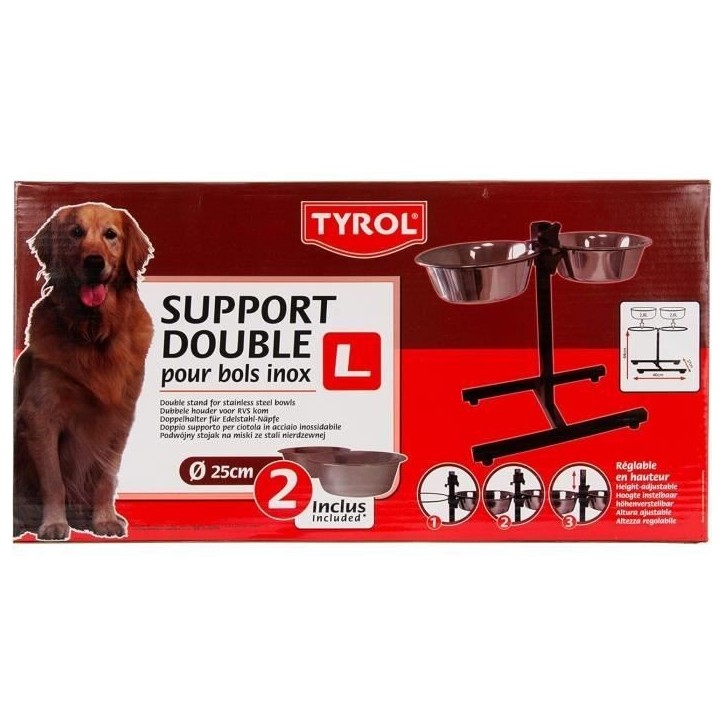 Accessoire repas chien - TYROL - Support + 2 Bols Inox - 25 cm - 2,8 L - Réglable en hauteur Accessoire repas chien - TYROL - Support + 2 Bols Inox - 25 cm - 2,8 L - Réglable en hauteur
