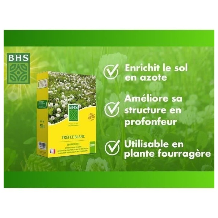 Trefle Blanc - BHS - 500 m²| Favorise la biodiversité, s'adapte a tous types de sols et résiste au piétinement.