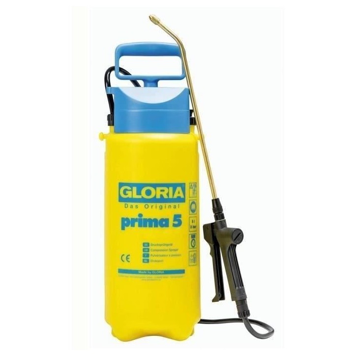 Pulvérisateur a pression - GLORIA - Prima 5 - 5L - Jaune et bleu - Avec lance et buse en laiton Pulvérisateur a pression - GLORIA - Prima 5 - 5L - Jaune et bleu - Avec lance et buse en laiton
