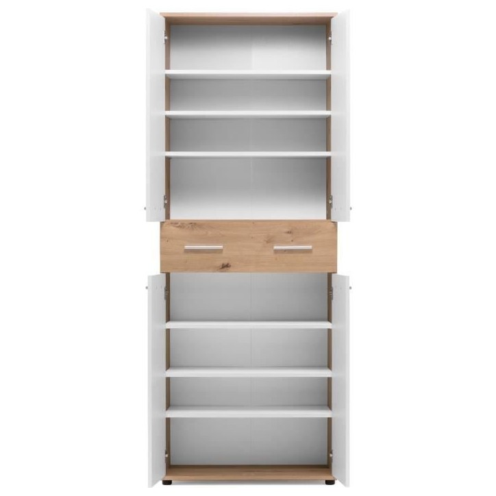 Meuble a chaussures Jacky 42 - Chene Artisan / Blanc - 70 x 185 x 35 cm - 6 Étageres - 1 Tiroir - Capacité 24 Paires Meuble a chaussures Jacky 42 - Chene Artisan / Blanc - 70 x 185 x 35 cm - 6 Étageres - 1 Tiroir - Capacité 24 Paires