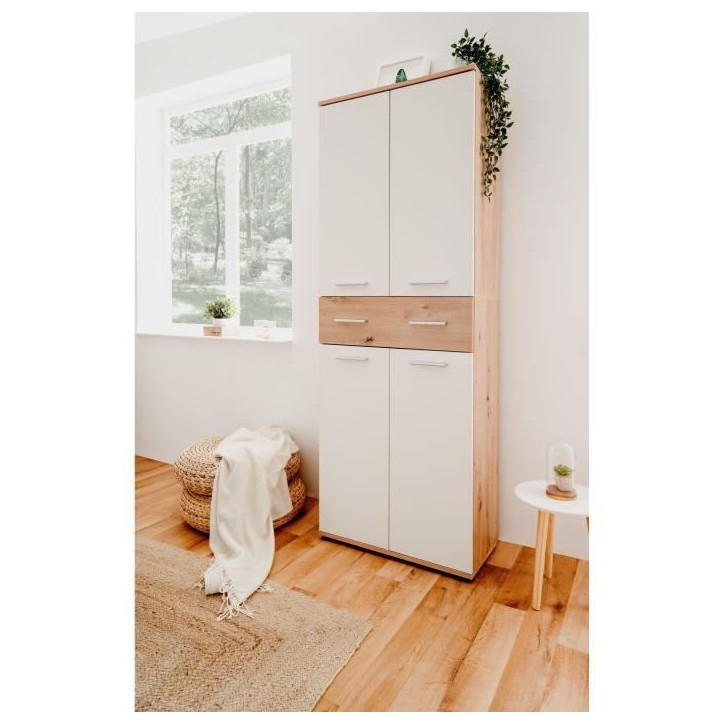 Meuble a chaussures Jacky 42 - Chene Artisan / Blanc - 70 x 185 x 35 cm - 6 Étageres - 1 Tiroir - Capacité 24 Paires Meuble a chaussures Jacky 42 - Chene Artisan / Blanc - 70 x 185 x 35 cm - 6 Étageres - 1 Tiroir - Capacité 24 Paires