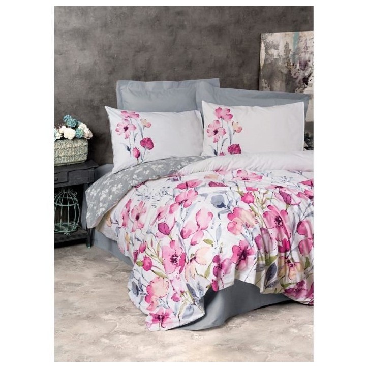 Parure de lit - 1 housse de couette 220 x 240 cm + 2 taies d'oreiller 60 x 60 cm - 100% coton renforcé - Gris