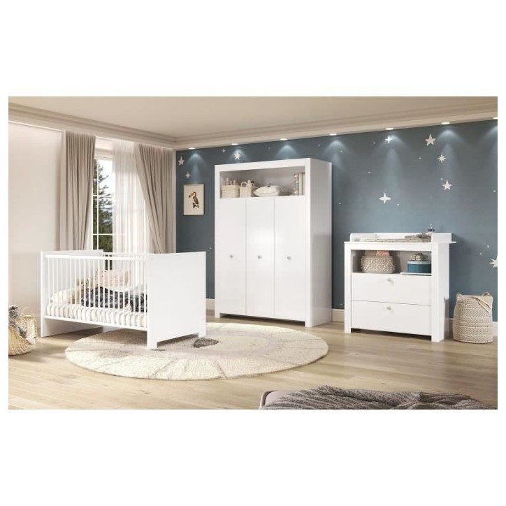 Chambre bébé Trio : Lit 70 x 140 cm + Commode a langer + Armoire OLIVIA - Blanc - TREND TEAM Chambre bébé Trio : Lit 70 x 140 cm + Commode a langer + Armoire OLIVIA - Blanc - TREND TEAM