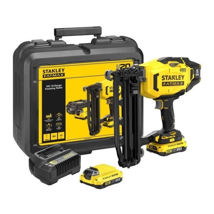 Cloueur de finition sans fil + 2 batteries 2Ah + chargeur - 18V - Stanley Fatmax - SFMCN616D2K-QW - Clous 25 a 64 mm Cloueur de finition sans fil + 2 batteries 2Ah + chargeur - 18V - Stanley Fatmax - SFMCN616D2K-QW - Clous 25 a 64 mm