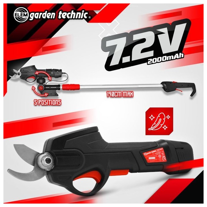 Sécateur rechargeable - ELEM - CS7.2VLIT-23 - 7.2V lithium avec perche télescopique