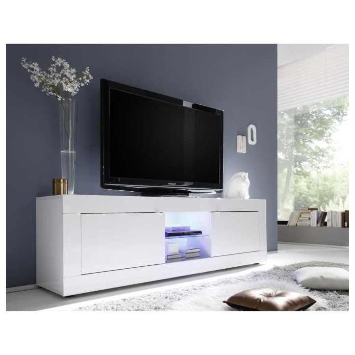 Meuble TV - BASICO - 2 portes - Blanc laqué brillant - 180 x 43 x 56 cm
