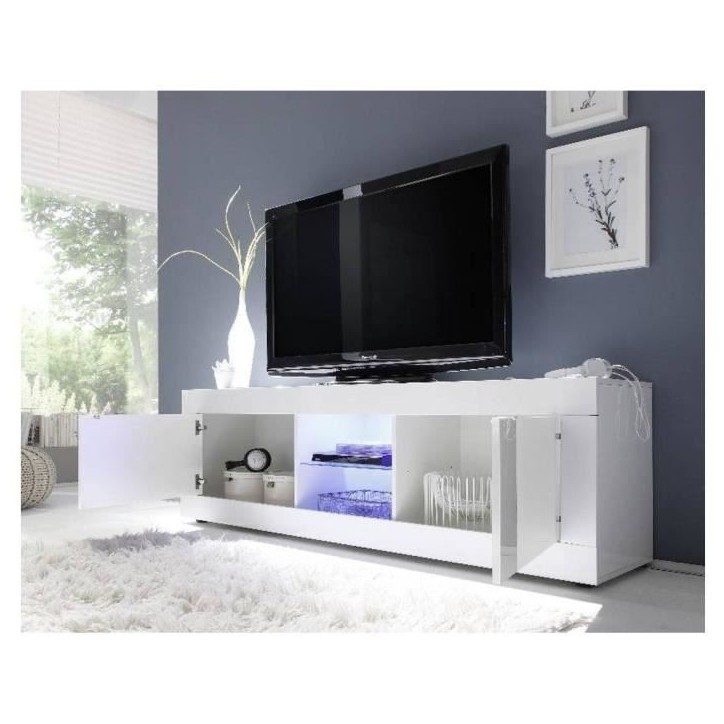 Meuble TV - BASICO - 2 portes - Blanc laqué brillant - 180 x 43 x 56 cm