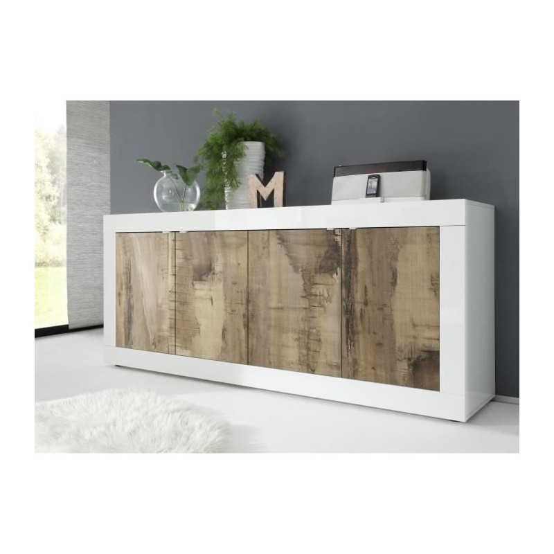 Buffet - BASICO - 4 portes - Blanc décor chene Pero - 207 x 86 x 43 c
