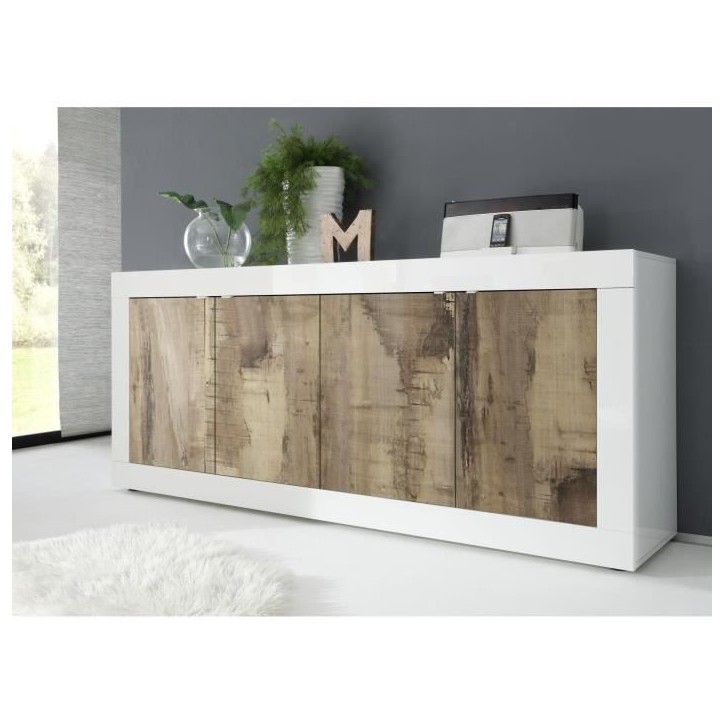 Buffet - BASICO - 4 portes - Blanc décor chene Pero - 207 x 86 x 43 cm Buffet - BASICO - 4 portes - Blanc décor chene Pero - 207 x 86 x 43 cm