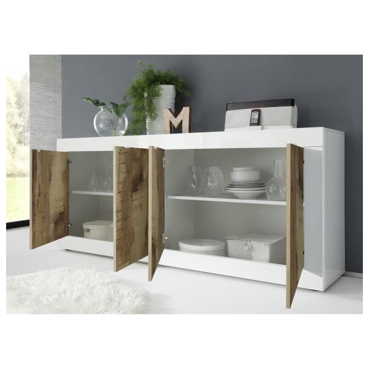 Buffet - BASICO - 4 portes - Blanc décor chene Pero - 207 x 86 x 43 cm Buffet - BASICO - 4 portes - Blanc décor chene Pero - 207 x 86 x 43 cm