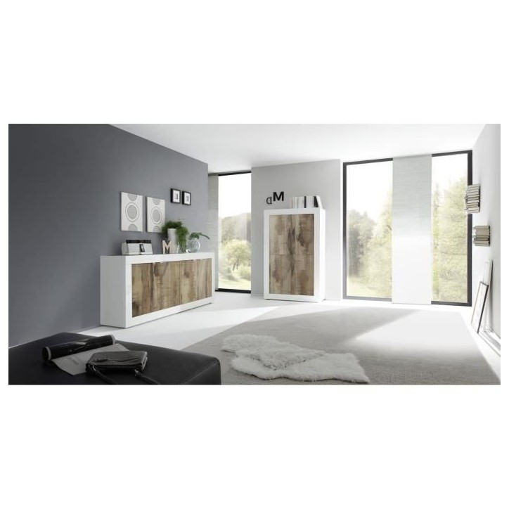 Buffet - BASICO - 4 portes - Blanc décor chene Pero - 207 x 86 x 43 cm Buffet - BASICO - 4 portes - Blanc décor chene Pero - 207 x 86 x 43 cm