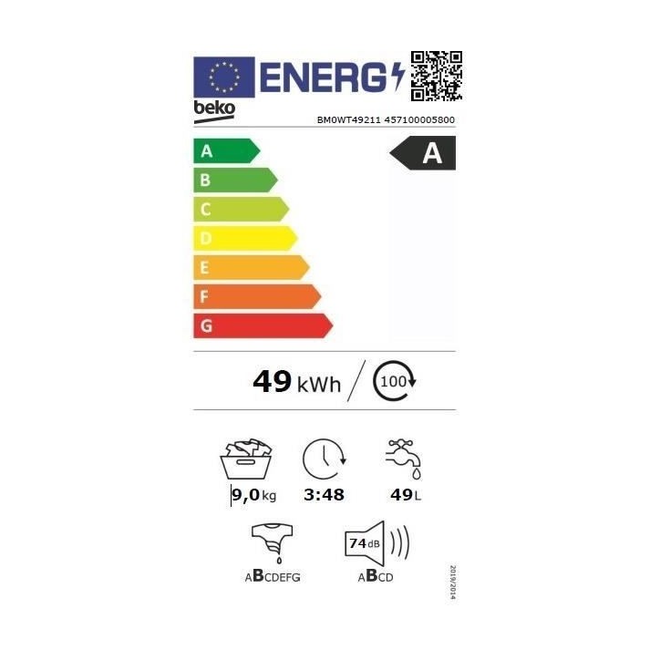 Lave-linge hublot BEKO BM0WT49211 - 9 kg - Induction - L60cm - 1200 trs/min - Classe A - Blanc Lave-linge hublot BEKO BM0WT49211 - 9 kg - Induction - L60cm - 1200 trs/min - Classe A - Blanc