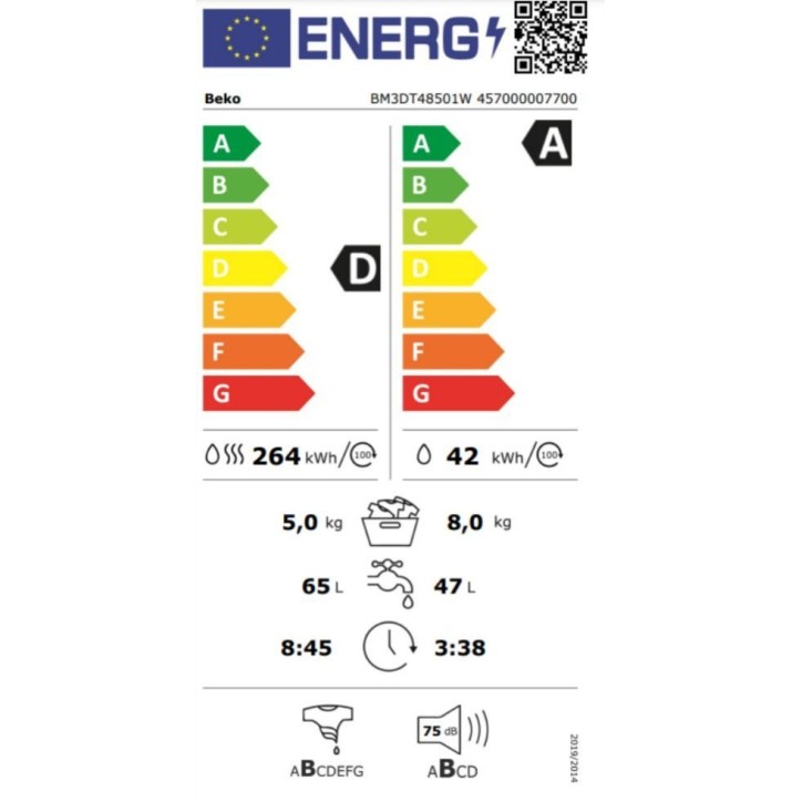 Lave-linge séchant BEKO BM3DT48501W - 8 / 5 kg - Induction - 60 cm - 1400 trs/min - Blanc