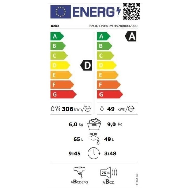 Lave-linge séchant BEKO BM3DT49601W - 9 / 6 kg - Induction - L60cm - 1400 trs/min - Blanc Lave-linge séchant BEKO BM3DT49601W - 9 / 6 kg - Induction - L60cm - 1400 trs/min - Blanc
