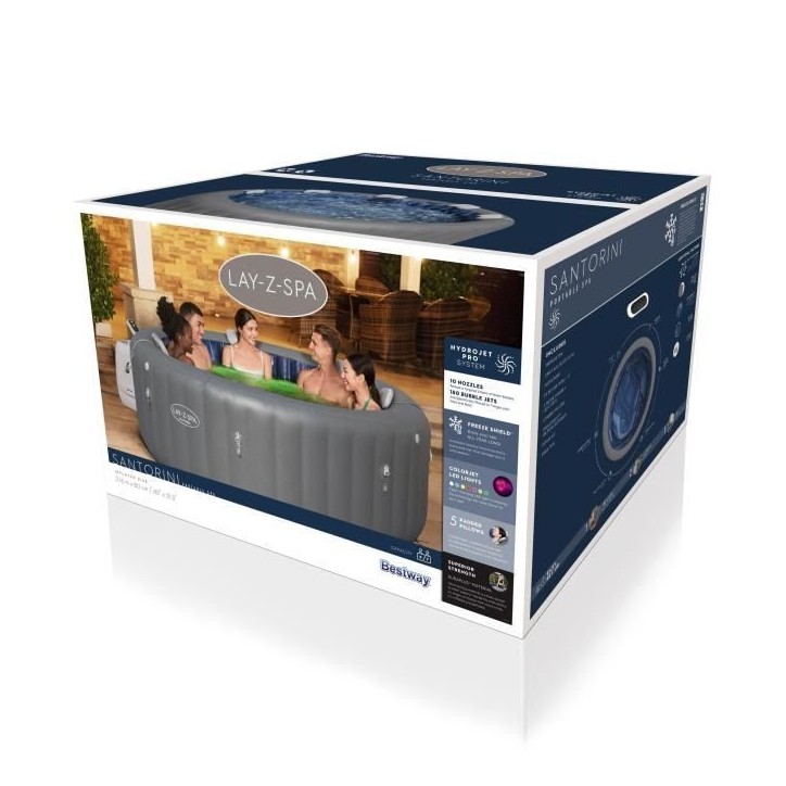 Spa gonflable BESTWAY - Lay-Z-Spa Santorini - 5 a 7 places -Rond (Livré avec 5 appuie-tete rembourrés + 2 LED a eau ColorJet)