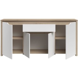 Buffet bas - BETTY- Panneaux de particules - Blanc / Chene - 4 portes
