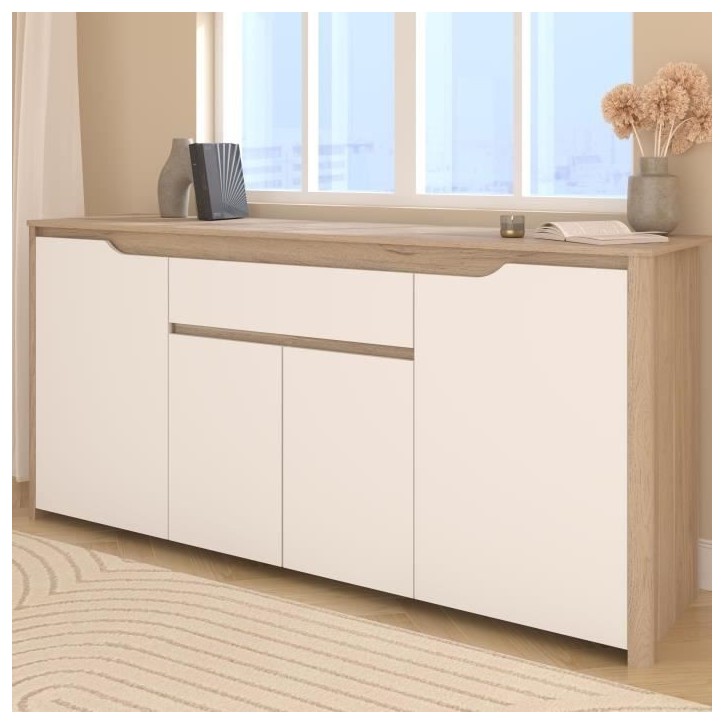 Buffet bas - BETTY- Panneaux de particules - Blanc / Chene - 4 portes - 1 tiroir - PARISOT Buffet bas - BETTY- Panneaux de particules - Blanc / Chene - 4 portes - 1 tiroir - PARISOT