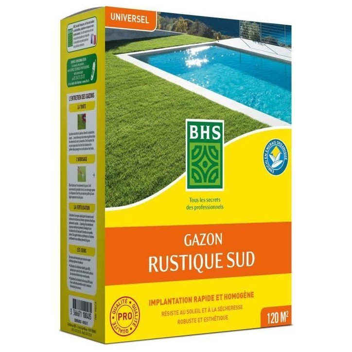 Gazon - BHS - Gazon Rustique Sud - 1kg, 40 m². Résistant aux conditions seches grâce a la fétuque élevée. Rapide et homoge