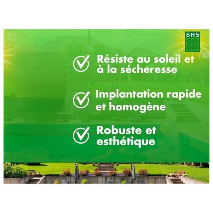Gazon - BHS - Gazon Rustique Sud - 1kg, 40 m². Résistant aux conditions seches grâce a la fétuque élevée. Rapide et homoge