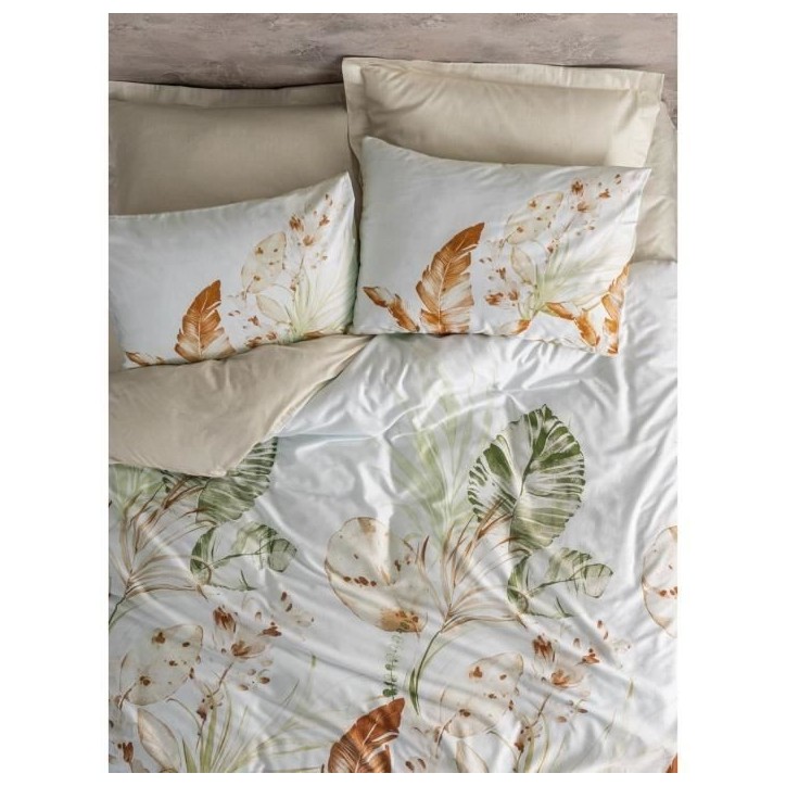 Parure de lit - 1 housse de couette 220 x 240 cm + 2 taies d'oreiller 60 x 60 cm - Satiné 100% coton - Beige