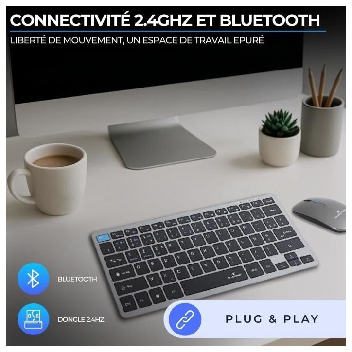 Ensemble Clavier Souris sans fil - BLUESTORK - Pack Mini - Bluetooth & Dongle - Ultra fin et léger - Nomade Télétravail