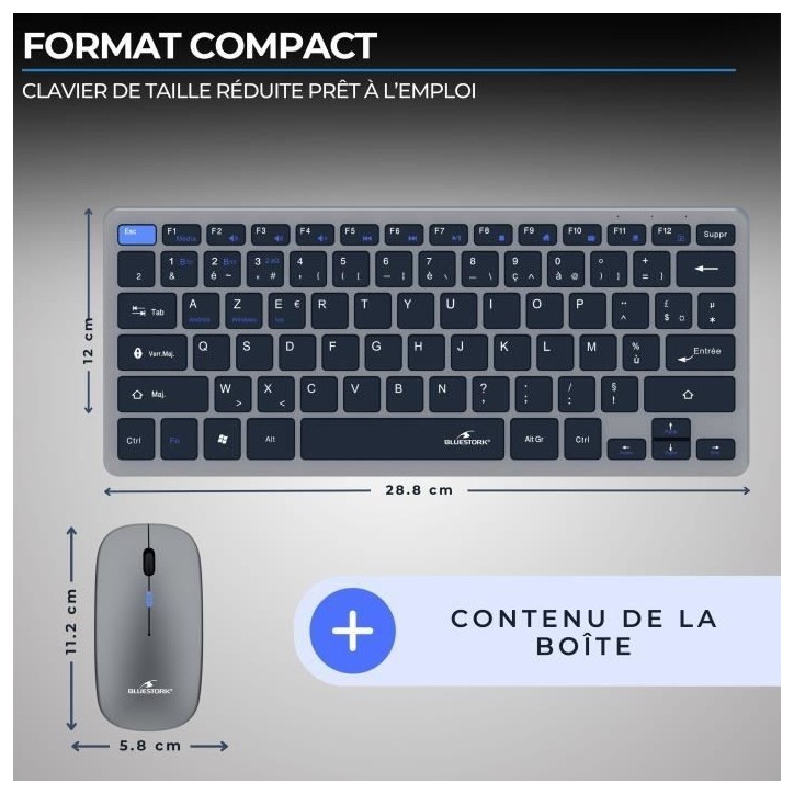 Ensemble Clavier Souris sans fil - BLUESTORK - Pack Mini - Bluetooth & Dongle - Ultra fin et léger - Nomade Télétravail
