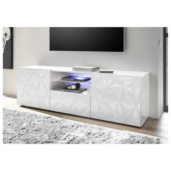Meuble TV - Blanc Laqué brillant - L 181 x P 43 x H 57cm - PARIGI Meuble TV - Blanc Laqué brillant - L 181 x P 43 x H 57cm - PARIGI
