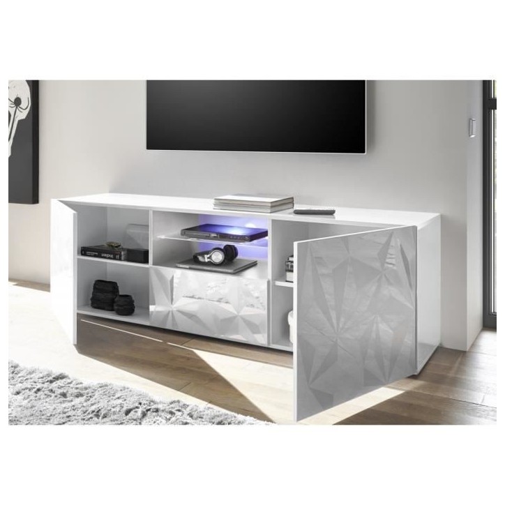 Meuble TV - Blanc Laqué brillant - L 181 x P 43 x H 57cm - PARIGI Meuble TV - Blanc Laqué brillant - L 181 x P 43 x H 57cm - PARIGI