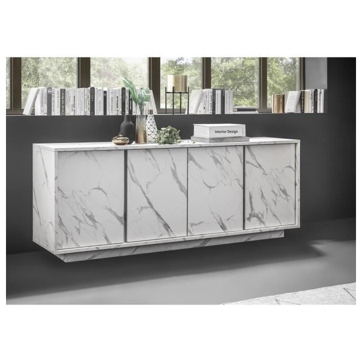 Buffet - Marbre blanc - Style chic - 4 portes - MARMO - L 180 x P 43 x H 70 cm Buffet - Marbre blanc - Style chic - 4 portes - MARMO - L 180 x P 43 x H 70 cm