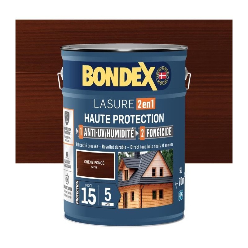 Lasure 2 en 1 Haute protection - Chene foncé satin - BONDEX - 5 L