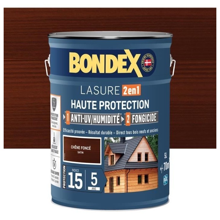 Lasure 2 en 1 Haute protection - Chene foncé satin - BONDEX - 5 L Lasure 2 en 1 Haute protection - Chene foncé satin - BONDEX - 5 L