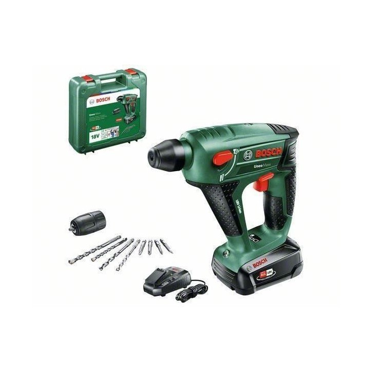 Perforateur 0,6J sans fil 18V Bosch - Uneo Maxx -SDS, 1 batterie 2,5 Ah, 1 chargeur AL1830CV, coffret, accessoires (forets, embo