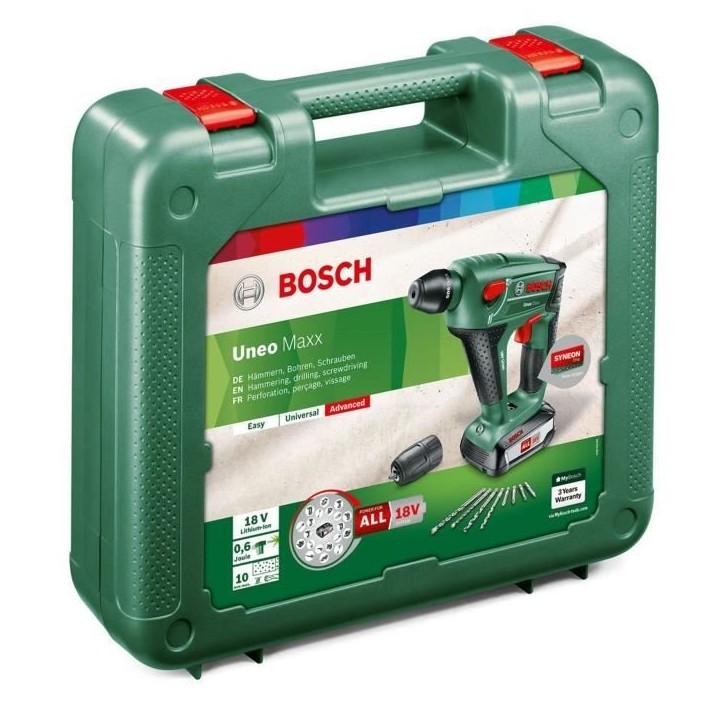Perforateur 0,6J sans fil 18V Bosch - Uneo Maxx -SDS, 1 batterie 2,5 Ah, 1 chargeur AL1830CV, coffret, accessoires (forets, embo