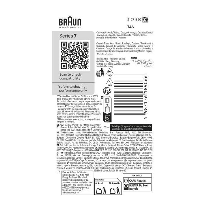 Tete de rasoir BRAUN Series 7 - 3 lames flexibles - Tete flexible a 360° - 100 % fabriqué en Allemagne Tete de rasoir BRAUN Series 7 - 3 lames flexibles - Tete flexible a 360° - 100 % fabriqué en Allemagne
