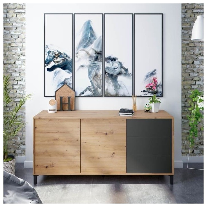 Buffet 2 portes 3 tiroirs - Panneaux de particules mélaminé - Chene et noir - BROOKLYN L 154 cm x P 41 cm x H 74 cm Buffet 2 portes 3 tiroirs - Panneaux de particules mélaminé - Chene et noir - BROOKLYN L 154 cm x P 41 cm x H 74 cm