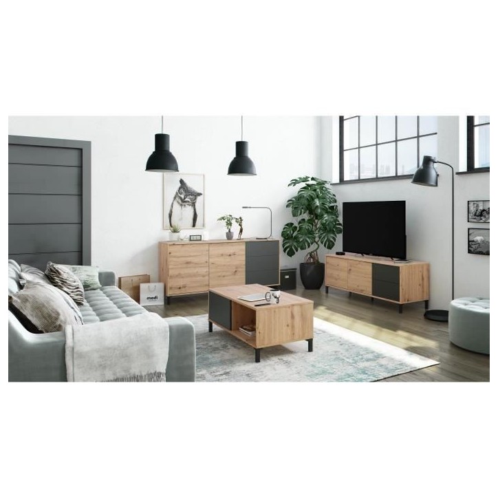 Buffet 2 portes 3 tiroirs - Panneaux de particules mélaminé - Chene et noir - BROOKLYN L 154 cm x P 41 cm x H 74 cm Buffet 2 portes 3 tiroirs - Panneaux de particules mélaminé - Chene et noir - BROOKLYN L 154 cm x P 41 cm x H 74 cm