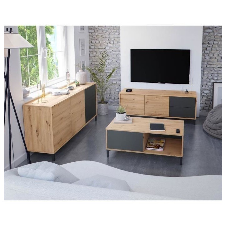 Buffet 2 portes 3 tiroirs - Panneaux de particules mélaminé - Chene et noir - BROOKLYN L 154 cm x P 41 cm x H 74 cm Buffet 2 portes 3 tiroirs - Panneaux de particules mélaminé - Chene et noir - BROOKLYN L 154 cm x P 41 cm x H 74 cm